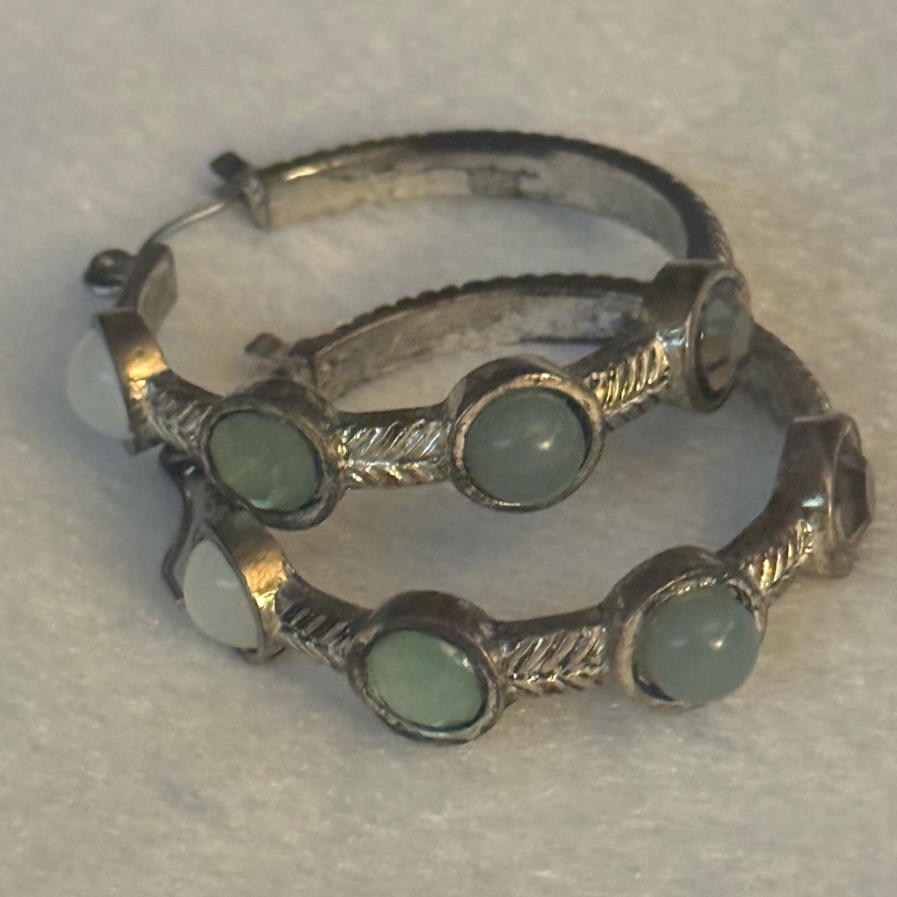 3” Dark Silver Moonstone Hoop Earrings Gray Blue White Stones